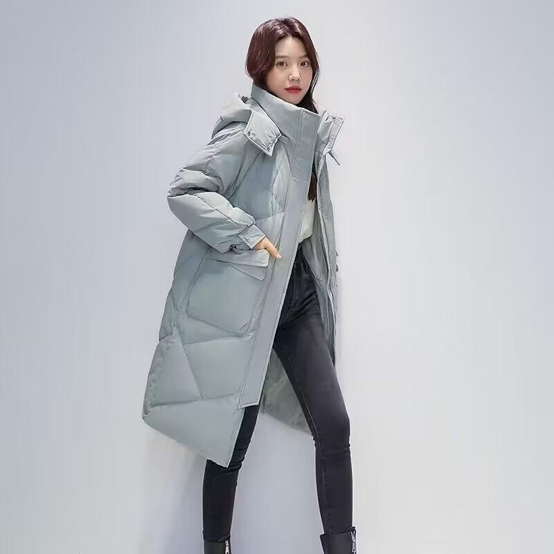 Palton de damă cu glugă, de lungime medie, din bumbac puf - Îmbrăcăminte exterioară de iarnă la modă peste genunchi