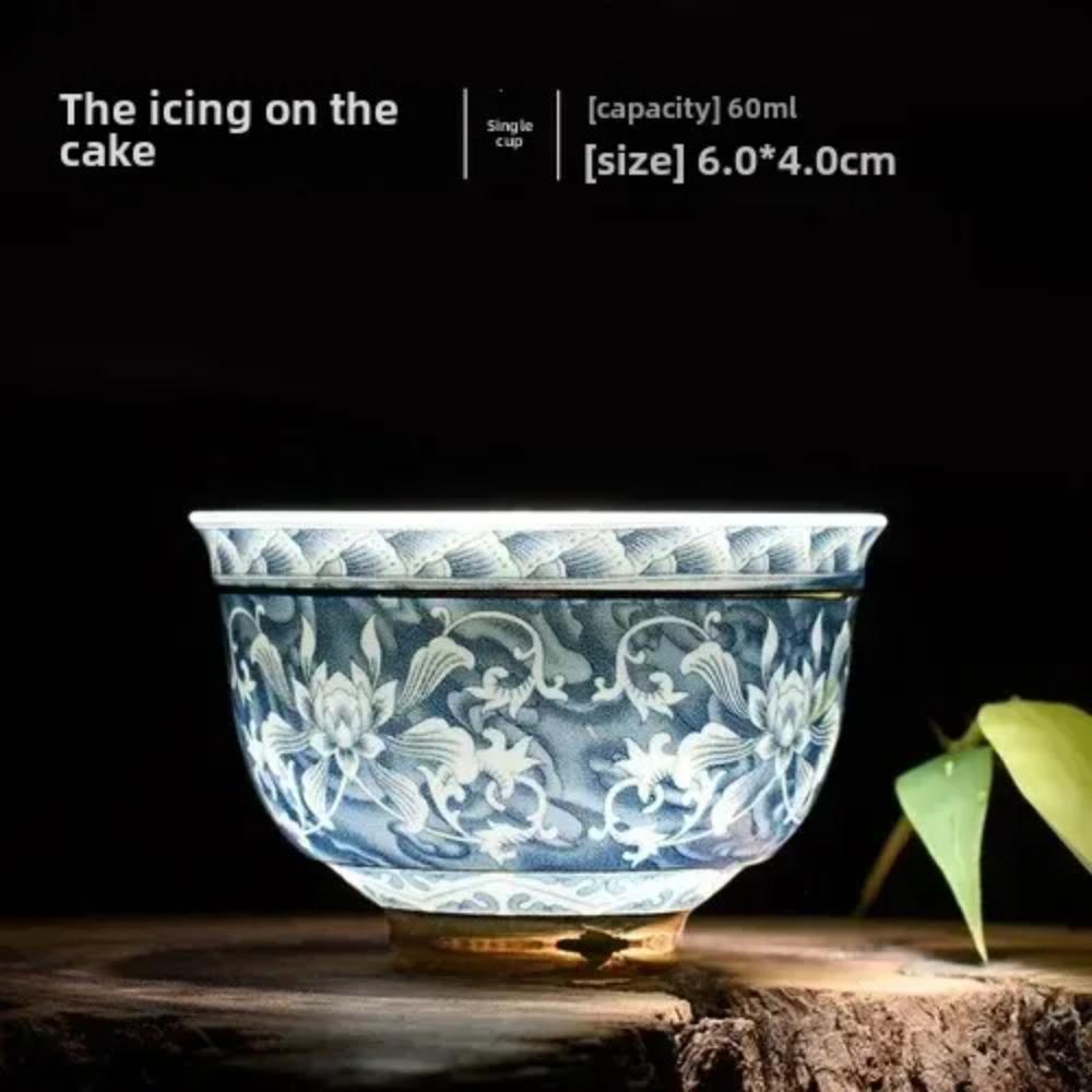 1pc Vintage Master Cup, 1 Blue and White Porcelain Teacup, Small Tea Bowl, Ceramic Kung Fu Set, Gold Edged Tea Bowl, Single Cup