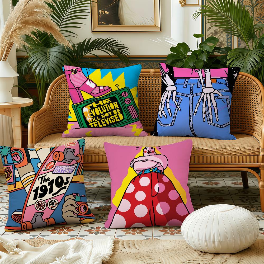 Cartoon Fun Retro Decorative Cushion Cover Plush Fabric Soft Double Sided Print Sofa Cushion Cover Throw Pillow Covers