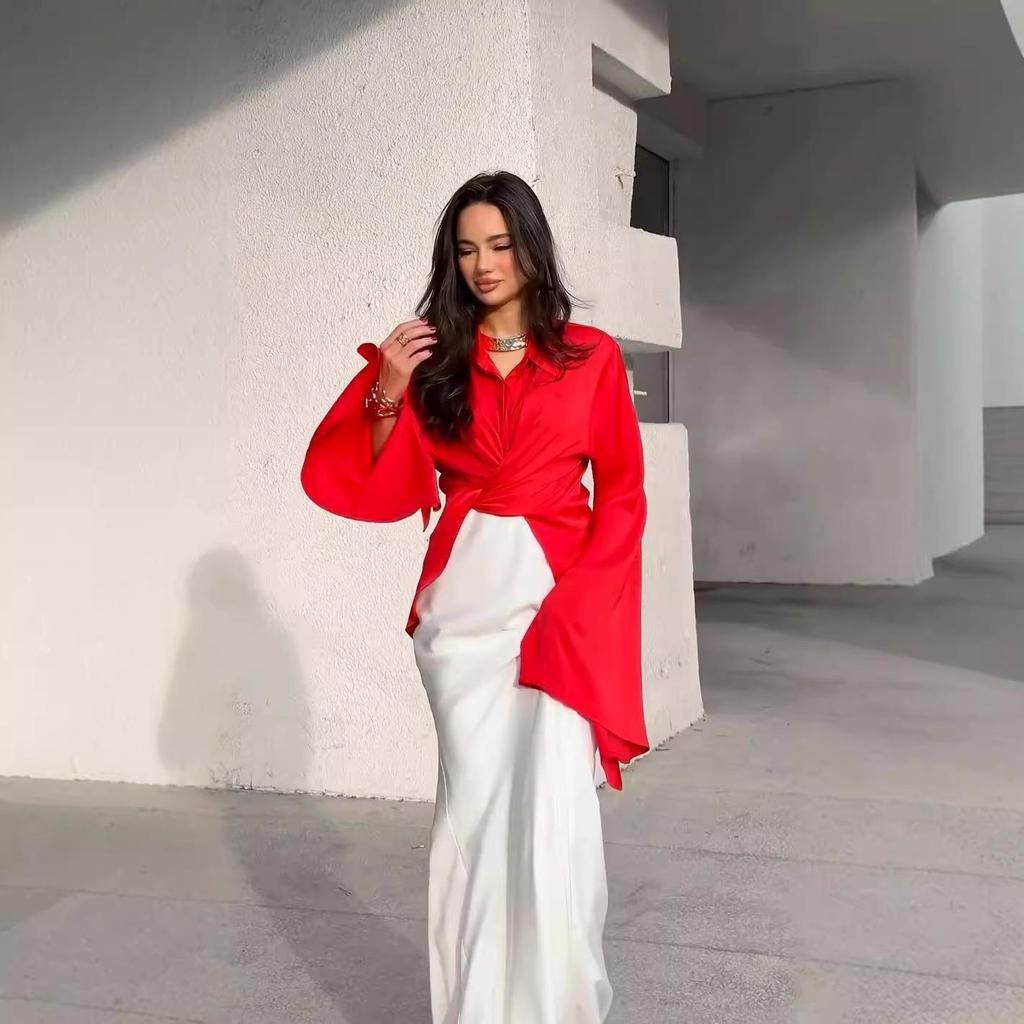 Elegant Satin Long-Sleeve Shirt & Midi Skirt Set for Women 2024