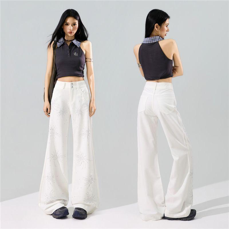 Spring Summer Firework Bling Rhinestone Wrinkle Resistant Four Way Stretch Drape Micro Flare Casual Denim Pants For Ladies Casual Denim Trousers