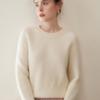Ribbed Cashmere Round Neck Women's Short Pullover Sweater - Solid Color Loose Knit Top