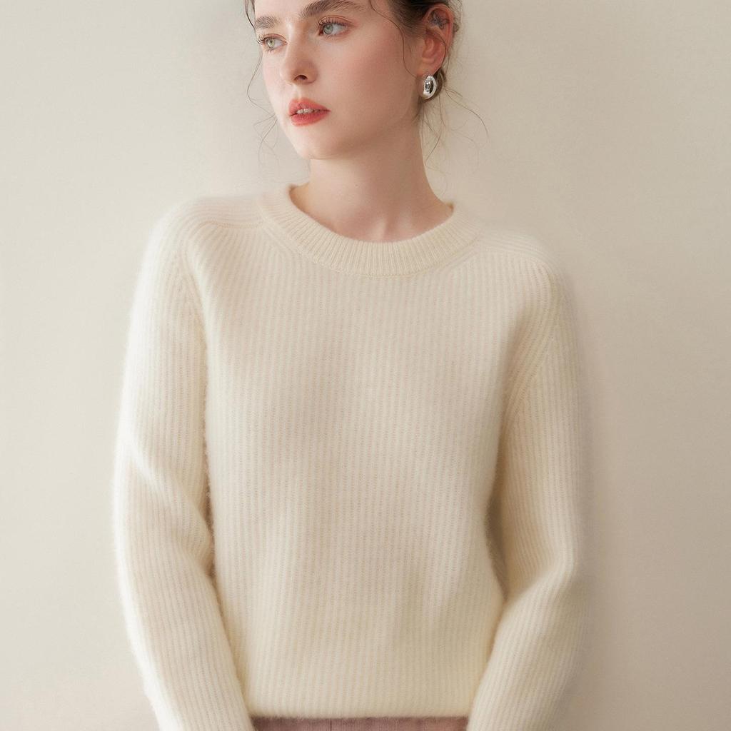 Ribbed Cashmere Round Neck Women's Short Pullover Sweater - Solid Color Loose Knit Top