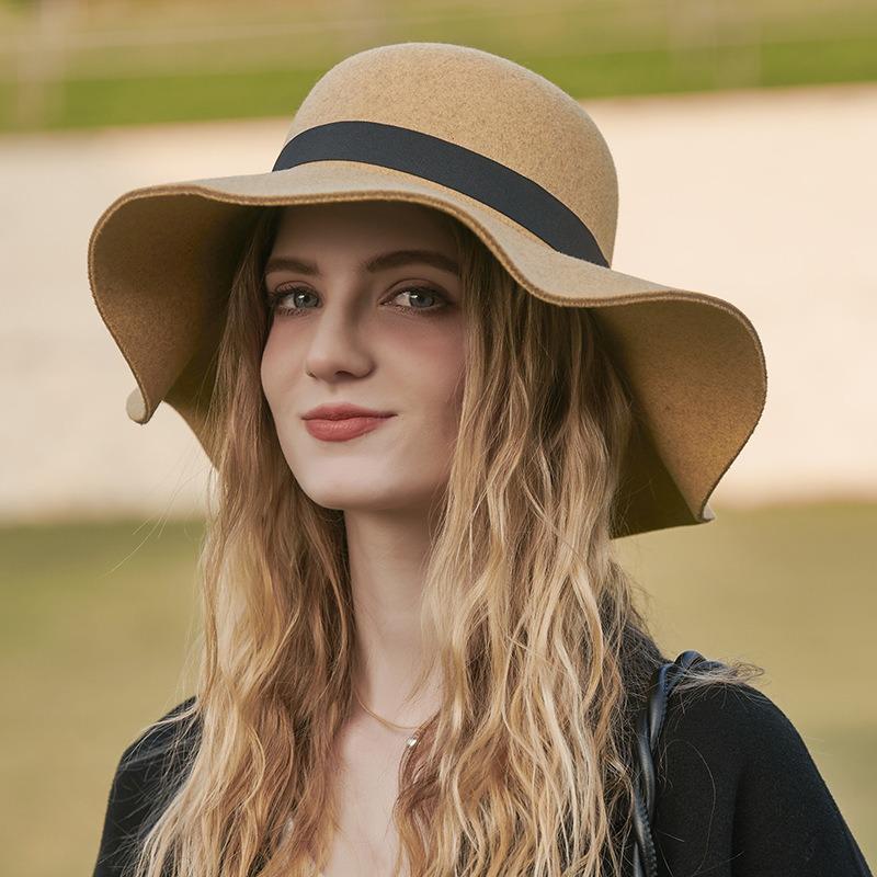 New fashion big eaves hat, khaki yellow autumn and winter British retro wave hat women