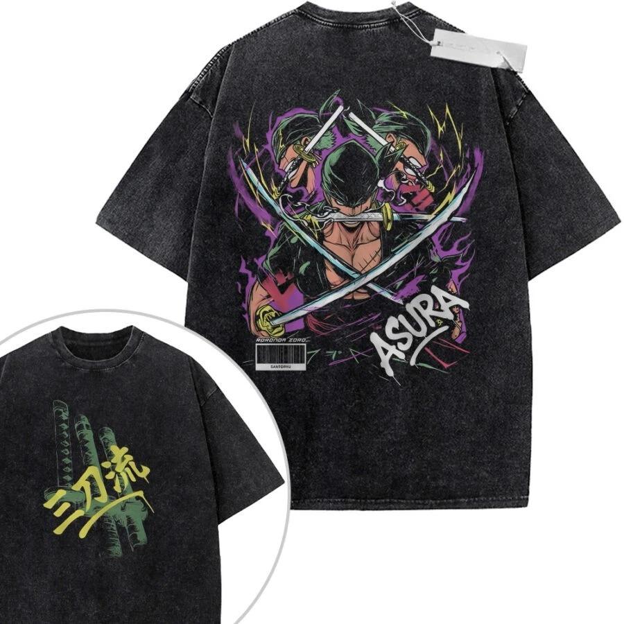 

Hot Sale One Piece Roronoa Zoro Graphic Print T-shirt Men Women Vintage Washed Cotton Summer New Tee Streetwear Y2K Fashion Loose Casual Oversized Top L