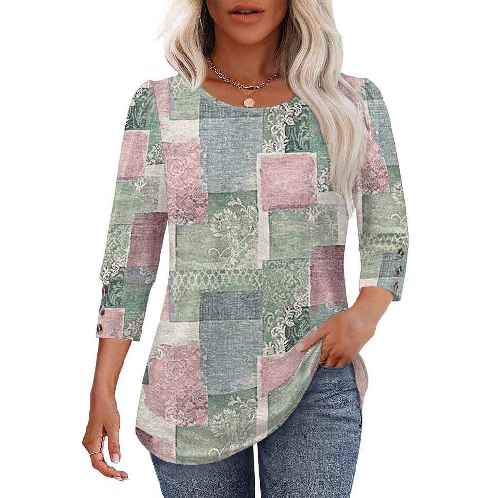 Women's Casual Loose Fit Top Three Quarter Sleeve Crew Neck Blouse Button Detail Lightweight Comfortable Fabric