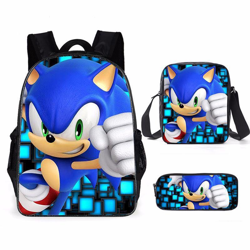 Cartoon Sonic Backpack, Primary And Secondary School Schoolbag, Messenger Bag, Pencil Case Three-Piece Set