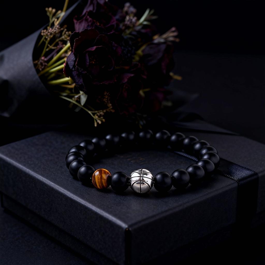 Festive Gifts Matte Black Onyx Tiger Eye Basketball Charm Beaded Bracelet Sporty Fashion Jewelry For Men Daily Wear Gift