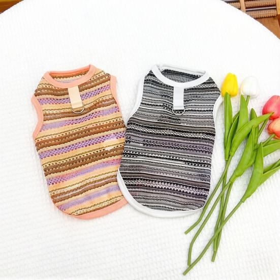 Pet Striped Tank Top Spring Summer Hollow Sleeveless Shirt with D-Ring Small Breed Dogs Cats Clothes Breathable Pet Costume Outfit Apparel