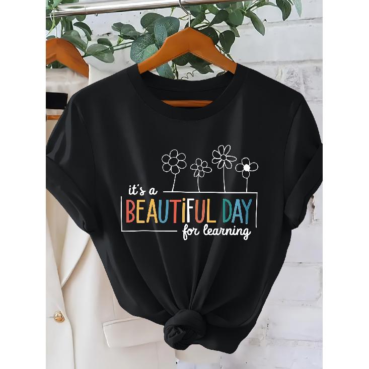 Women's Fresh Study-Style Printed Short Sleeve Shirt Beautiful Day Learn the Japanese round neck style T Shirt Elegant party holiday casual