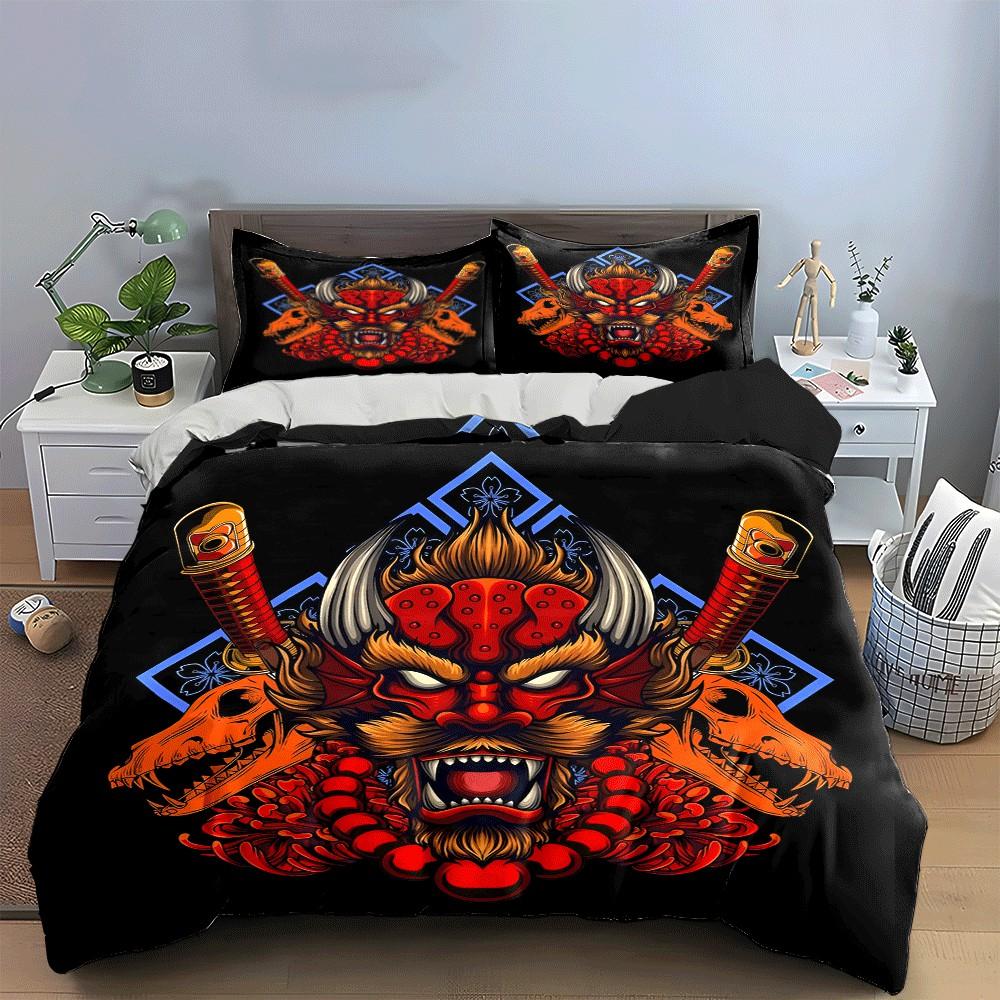 "Samurai Demon Skull Design Trio" Exquisite Three-Piece Bedding Set Gift For Kids And Adults