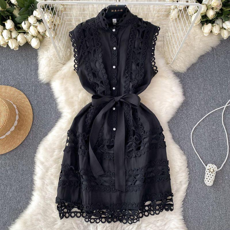 

Summer Vintage Court Style A- line Skirt Slim Looking Crocheted Black XL