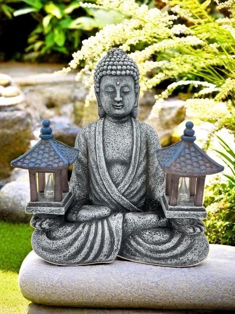 1 estatua de Buda pagoda con luces LED, escultura de Buda con energía solar, decoración para el hogar, jardín, patio, yoga.