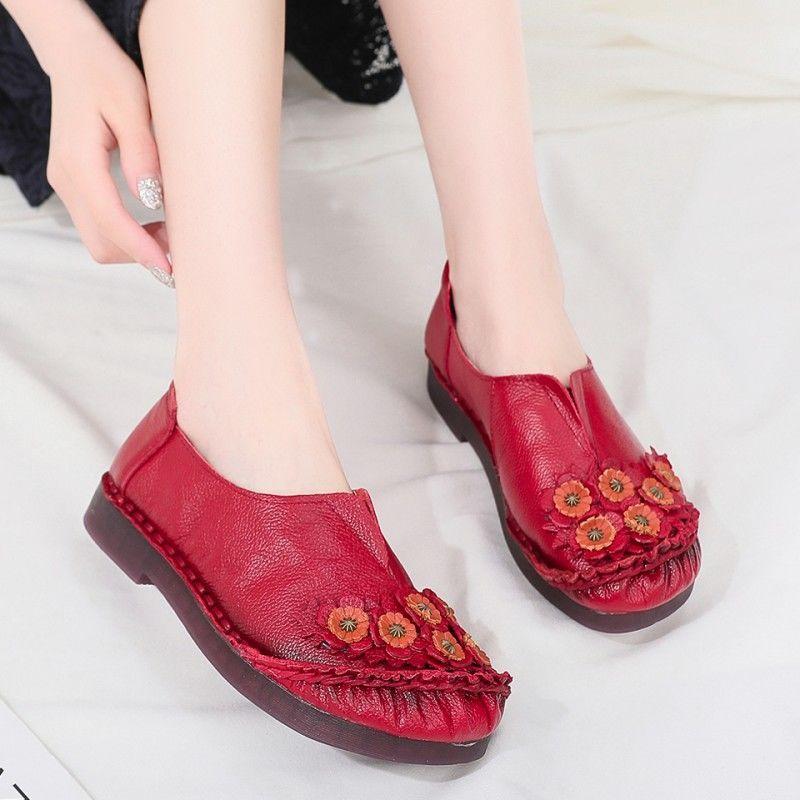 Fashion Orthopedic Real Leather Shoes Women's Ballet Flats Floral Moccasins Ladies Vintage Luxury Loafers Waterproof Wide Fit Chic Shoes