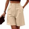 Summer Women Shorts Elastic High Waist Loose Side Pockets Straight Above Knee Length Soft Solid Color Breathable Daily Casual Business Office Shorts