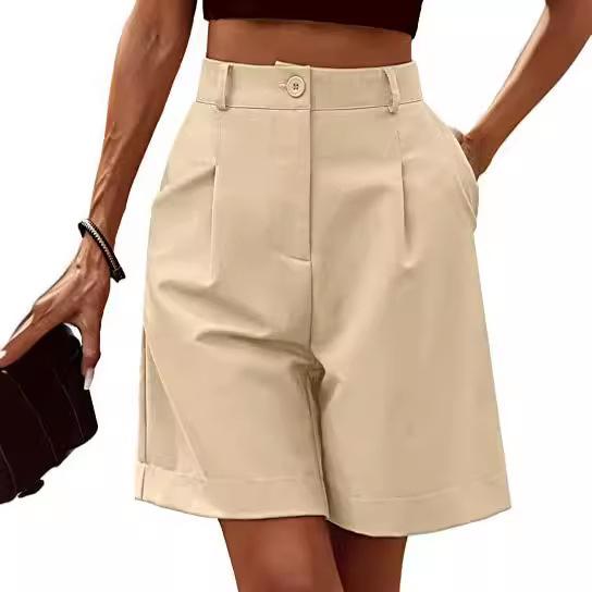 Summer Women Shorts Elastic High Waist Loose Side Pockets Straight Above Knee Length Soft Solid Color Breathable Daily Casual Business Office Shorts