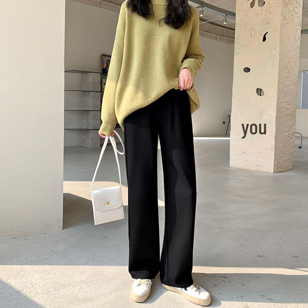 Women's Black High-Waisted Wide-Leg Pants - Spring Casual, Loose-Slimming, Floor-Length, Versatile, Drapey Straight Suit Pants