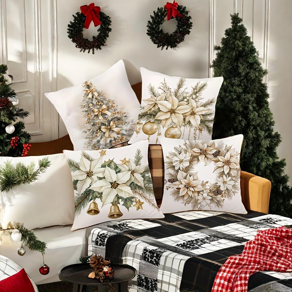Christmas Throw Pillow Covers, Polyester, Contemporary Style Festive Design with Christmas Trees & Wreaths, Zipper Closure