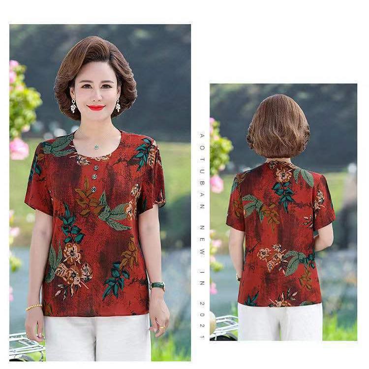 Dámské krátkorukávové s velkým potiskem Ledové hedvábí Krátkorukávové Volné Velké Velikosti Top Trhané Květiny Sto Triček