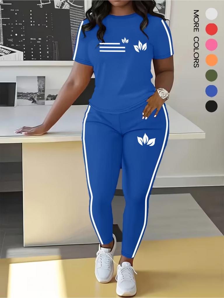 New Large Size Women's Casual Sports Suits - 2-piece White Parallel Stripes Sports T-shirt Suit