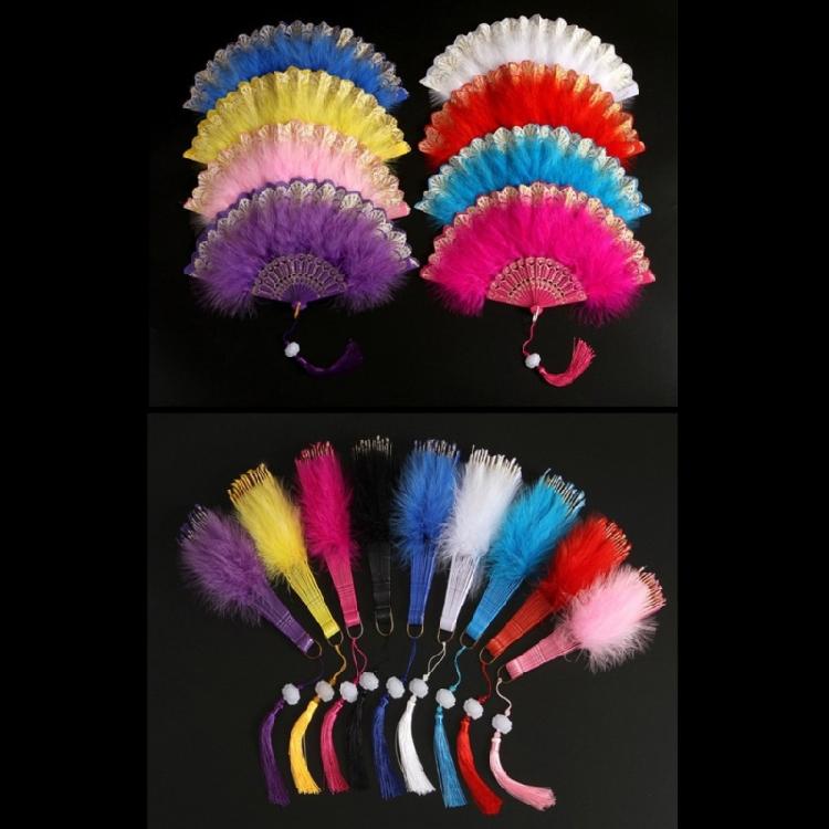 Chinese Feather Folding Fan with Pendant Wedding Dance Fan Cosplay Props Decor