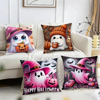 Cute Ghost with Pumpkin Cushion Cover Reversible Plush Pillow Cover – For Car, Sofa, Bedroom, Perfect As a Gift.