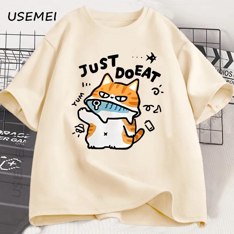 Funny Cat Eat Fish T-shirt for Women Summer Tops Tshirts O-neck Women Clothing Streetwear Short Sleeve T Shirt