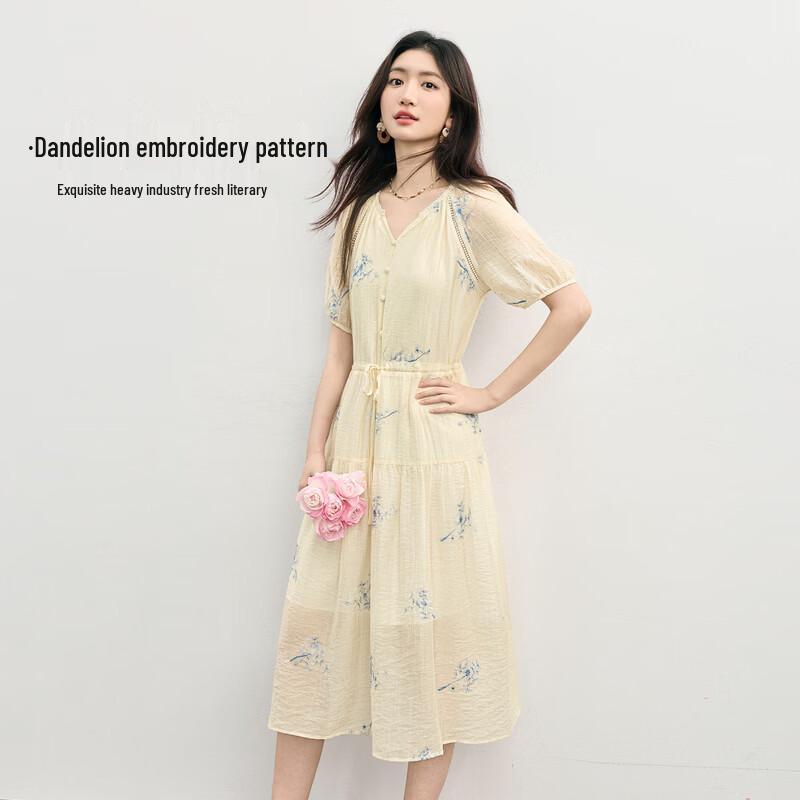 Women's Lyocell Tencel Puff Sleeve Embroidered V-Neck Dress