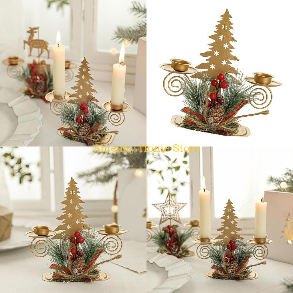 F26C Gold Iron Double Candlestick Home Decors for Holiday Christmas Metal Candle Holders Stand with Pinecones and Berries