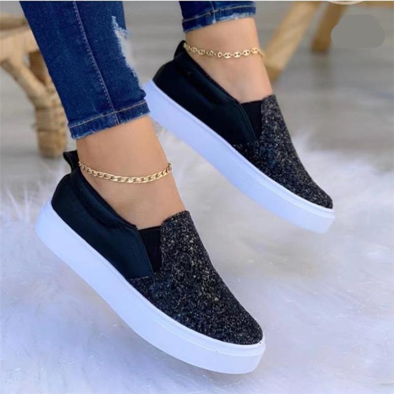 Large size board shoes spring and autumn new sequined round head casual single shoes women's flat lazy shoes