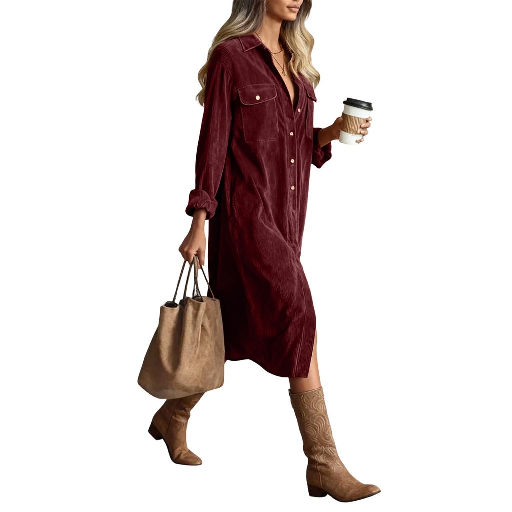 Women's Fashion Casual Color Corduroy Long-sleeved Dress With Lapel Shirt , Loose Long Skirt