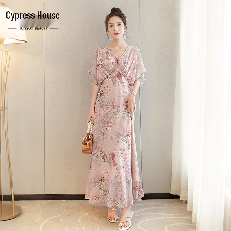 Women s V-Neck Floral Faux Two-Piece Midi Dress L