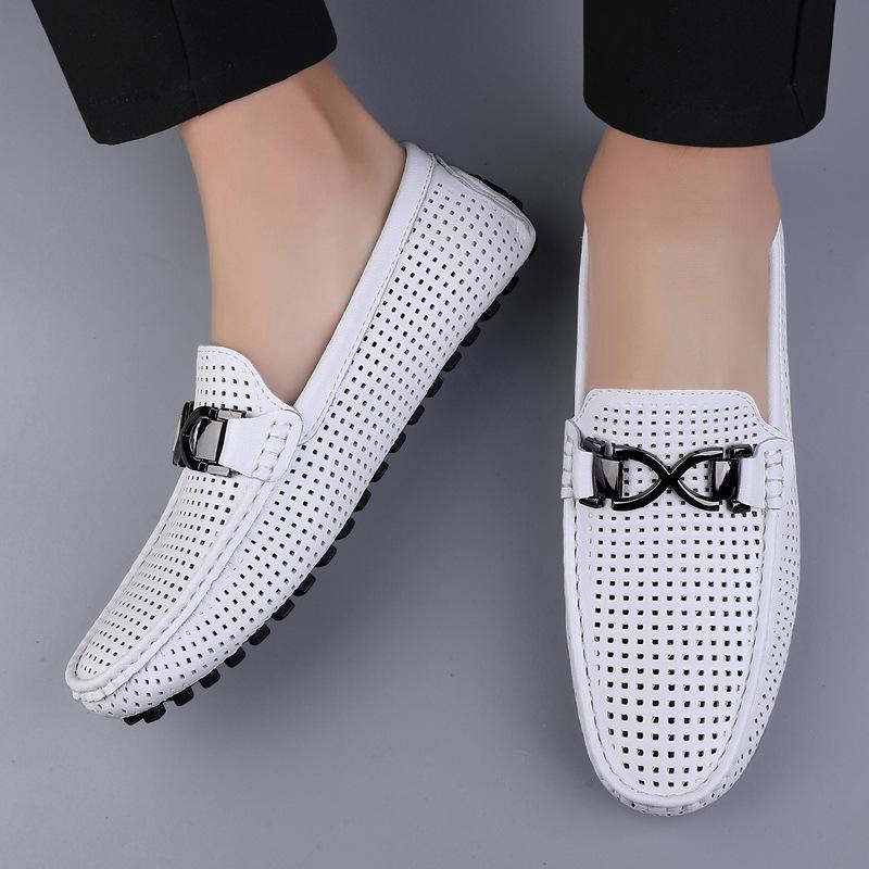 Summer Leather Shoes Men's Breathable Thin Soft-soled Soft Leather Men's Sandals Hollow Holes Lazy Casual Doudou Shoes 6633