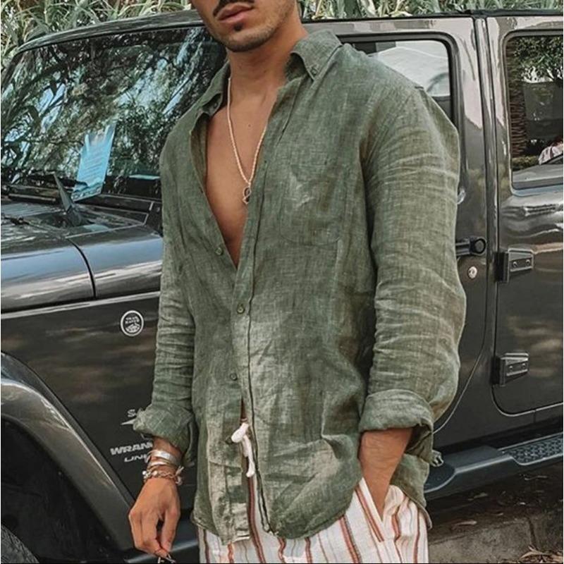 Mens Solid Color Loose Casual Long Sleeve Beach Shirt
