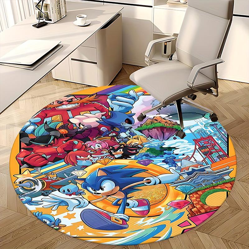1pc Sonic the Hedgehog Anime Cartoon Design Round Carpet  Office Chair Mat, NonSlip Rug for Home Decor, Living Room, Bedroom