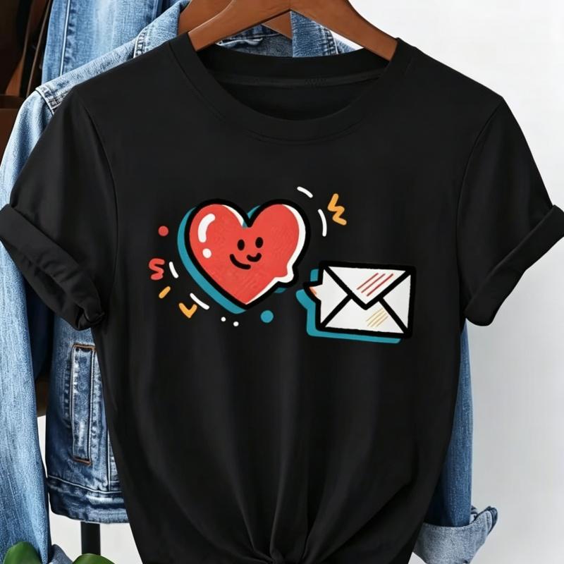 Women's Cute Heart Envelope Graphic T-Shirt Casual Short Sleeve Tee Summer Valentine Print Tops Tees