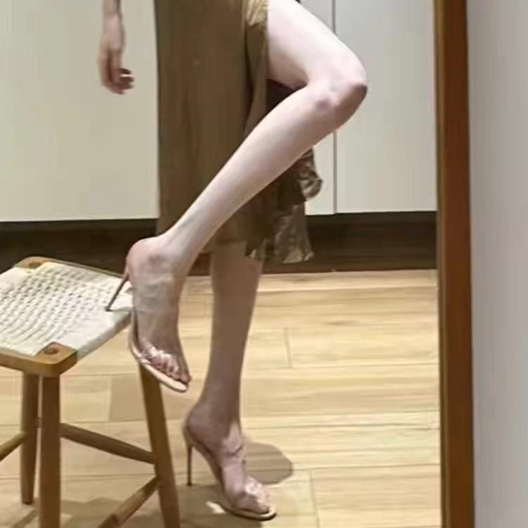 [Spot] Nude One-word with Transparent Leak-toe Sandals Women's New Sexy Outer Slippers Stiletto High Heels