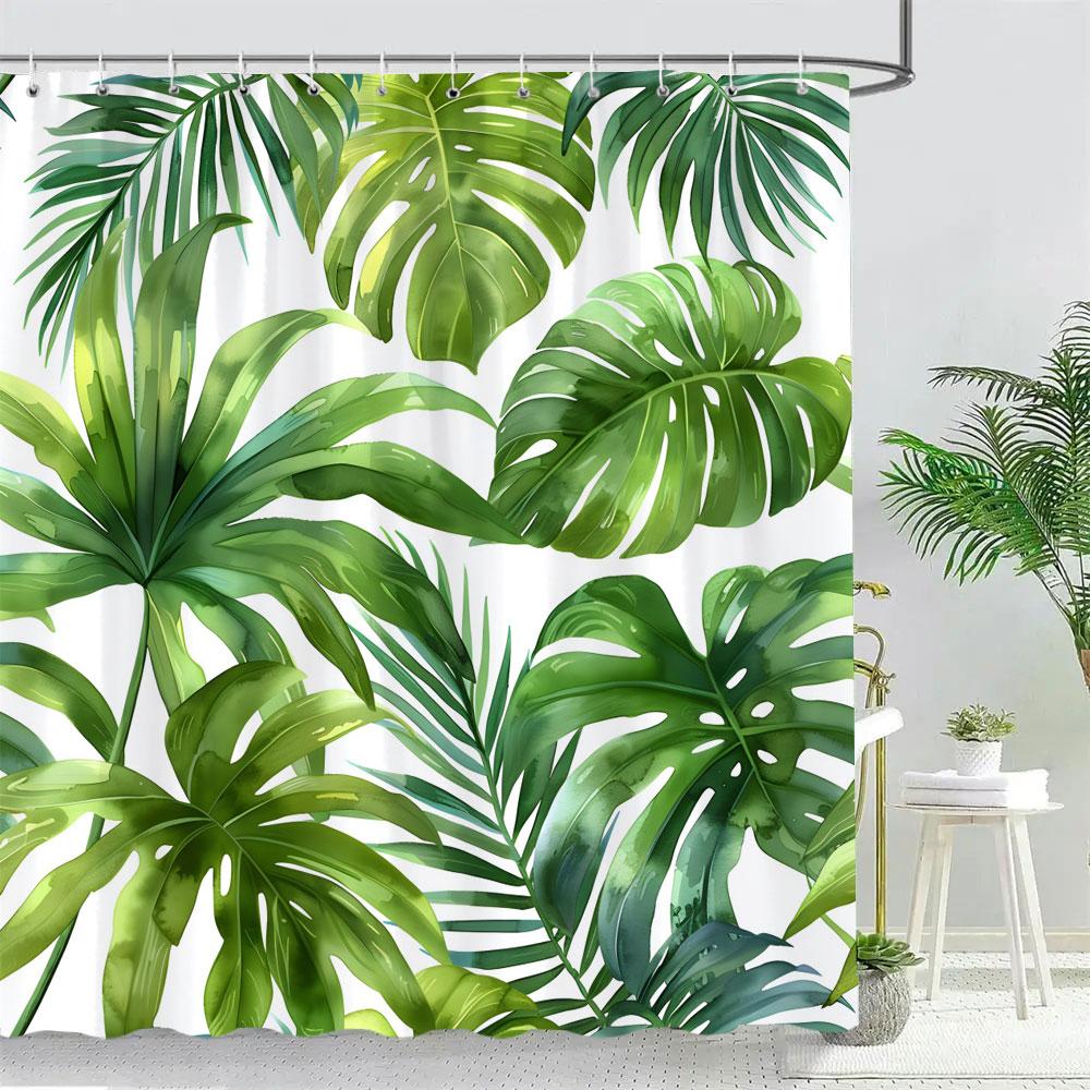 Beautiful Tropical Plant Leaves Shower Curtain Watercolour Palm Tree Leaves Printed Polyester Fabric Bath Curtain Bathroom Decor