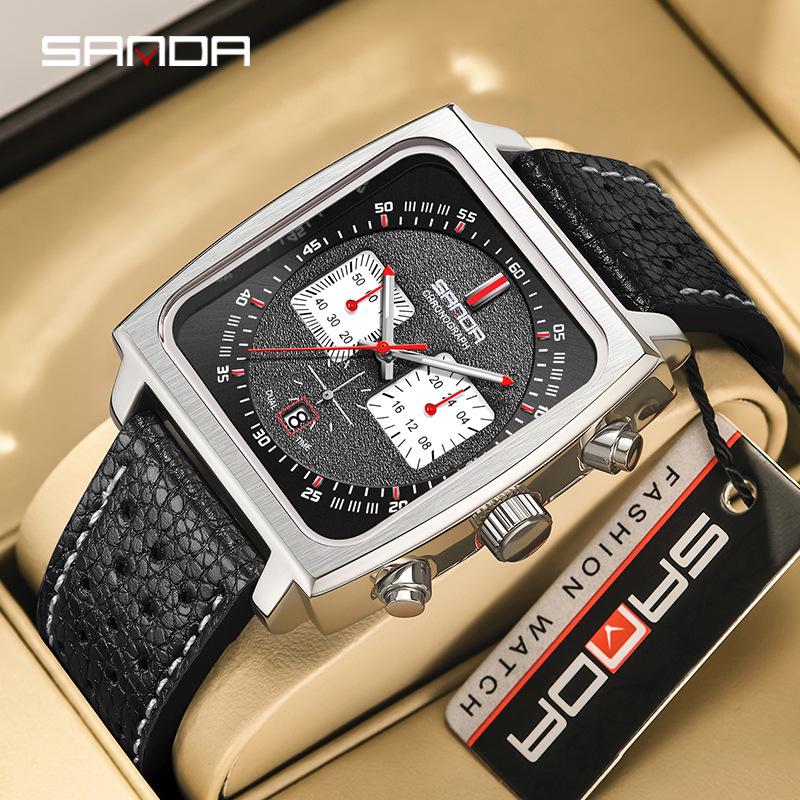 Sanda Men's Chronograph Quartz Watch: Square Dial, Three Eyes, Six Hands, Luminous, Calendar, Waterproof.
