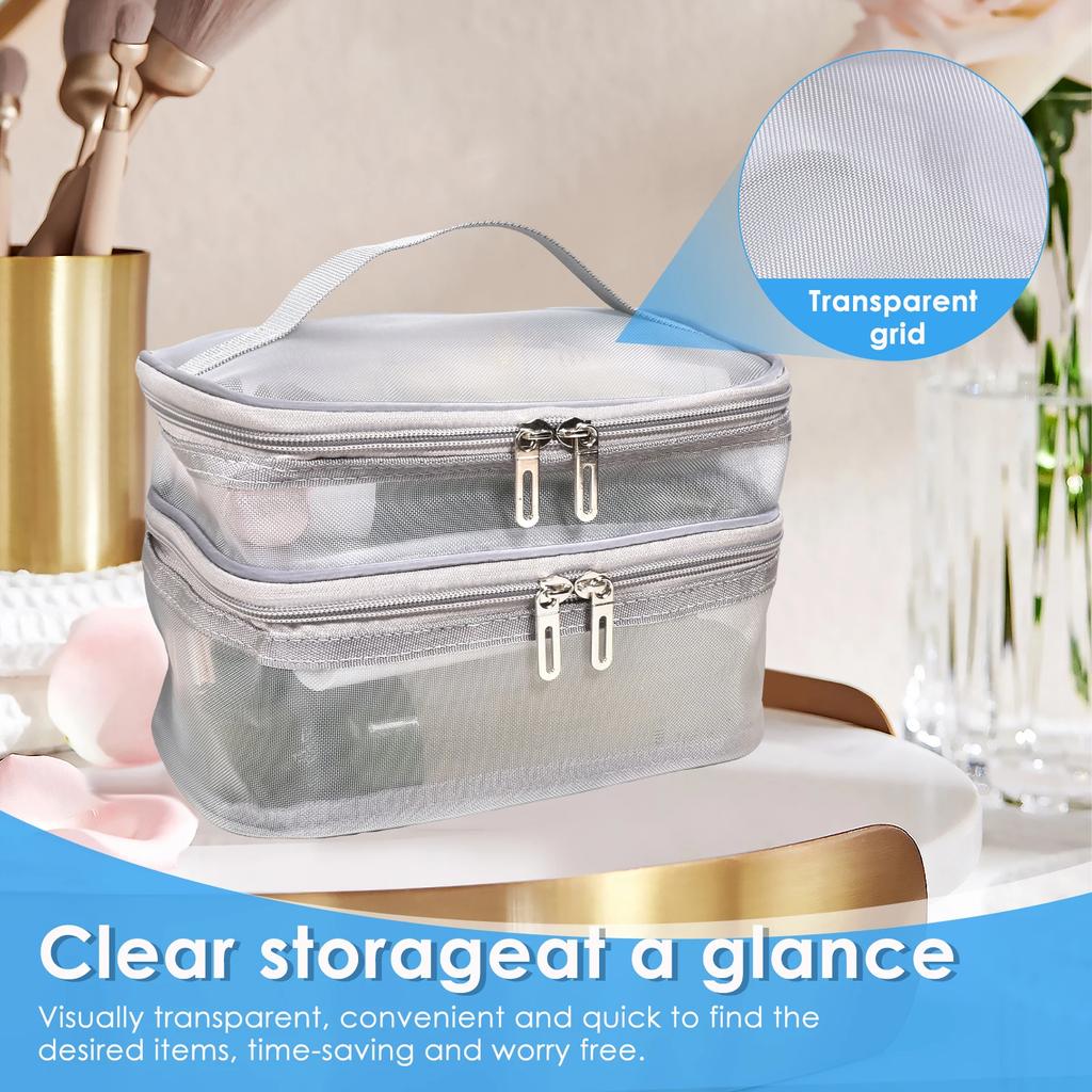 Large Capacity Mesh Cosmetic Bag Double Layer Transparent Travel Toiletry Bag with Handle Portable Makeup Organiser for Women