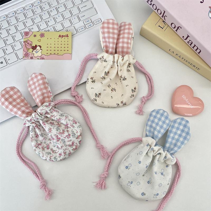 59302 Cute Rabbit Ears Floral Bouquet Mouth Drawstring Storage Bag Outdoor Portable Cosmetics Lipstick Hand Bag