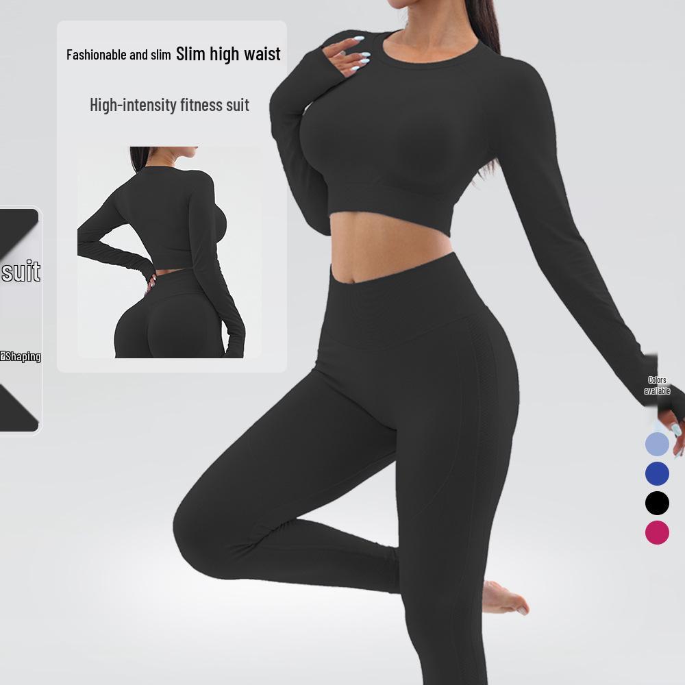 

High-Waisted Quick-Dry Seamless Yoga Set with Butt-Lifting Leggings & Long-Sleeve Top for Women Small чорний