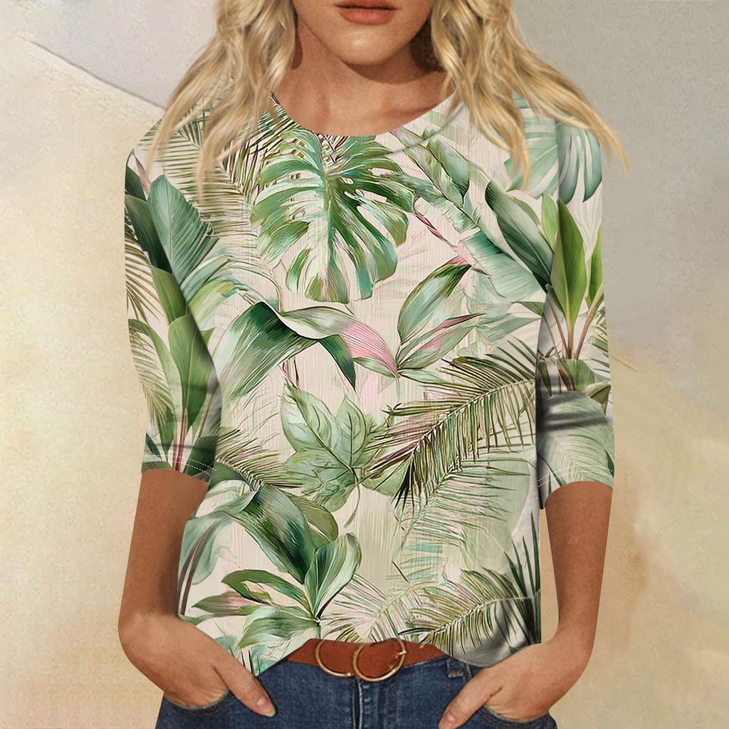 Women's Fashionable Casual Round Neck Three-Quarter Sleeve Printed T-Shirt Top
