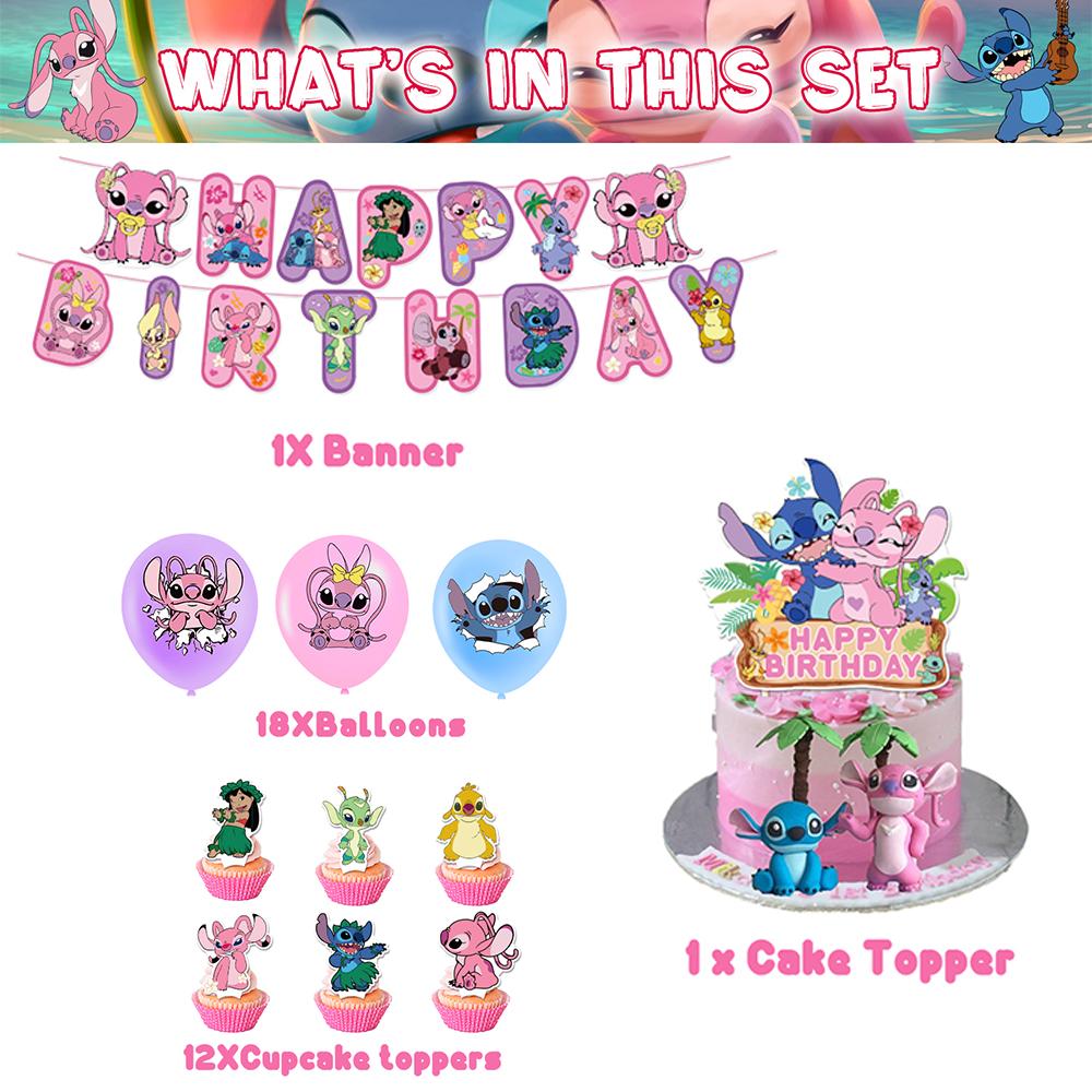 32 Stück Rosa Lilo und Stitch Motto-Party-Dekoration Enthält Banner Ballon Kuchenaufsatz