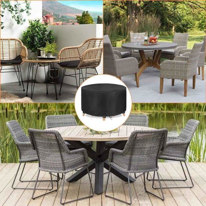 Housse ronde imperméable pour table de jardin 280 x 110 cm - tissu Oxford 210D, cordon de serrage, noire