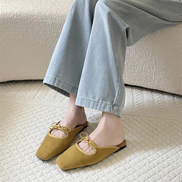 

Flat bow Mary Jane sandals 2025 spring/summer new Korean version soft sole velvet toe half slippers for women to wear 35 жёлтый
