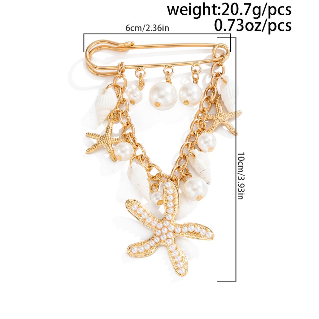Salircon Bohemian Starfish Conch Imitation Pearl Pendant Brooches for Women Functional Detachable Suits Pin Accessories Jewelry