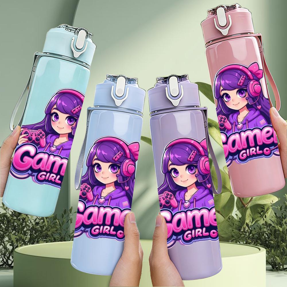 1PC Purple Hair Gamer Girl Cartoon 750ml Color Plastic Sports Water Bottle Leakproof Flip Straw Lid Suitable for Sports Office Home Use