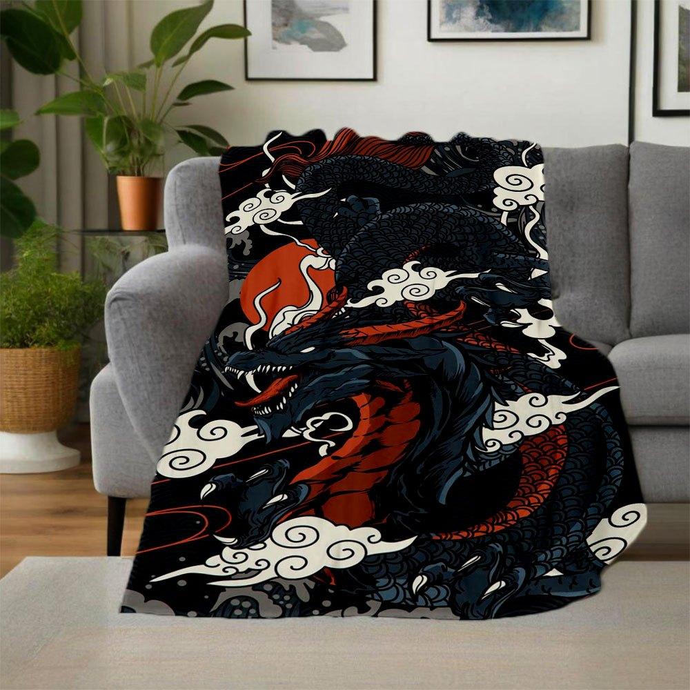 "Poster Murale Drago Giapponese - Stile Tatuaggio Tradizionale" Coperta in Flanella per Divano, Letto, Viaggio, Campeggio, Ufficio, Divano, Cha