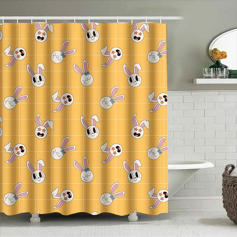 Charming Bunny Print Shower Curtain Bright Yellow Color with White Bathtub Background for Bathroom Decor Size180cm X 180cm (72x7